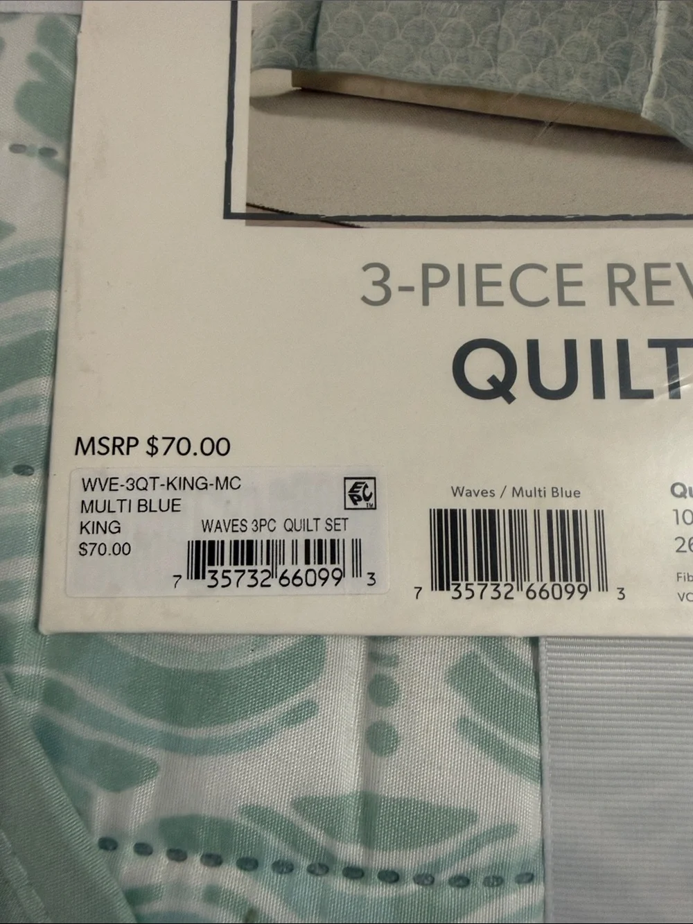 King Reversible Quilt Set - Light Aqua Wave